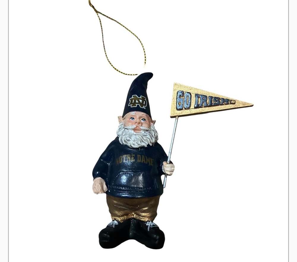Notre Dame NCAA Resin Holiday Ornament Gnome with Go Irish Pennant
